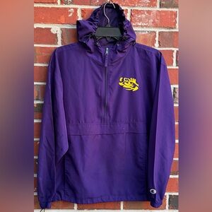 Champion LSU Tigers M Purple 1/2 Zip Packable Hooded Anorak Jacket Pocket A1